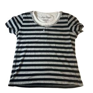 Onque Casuals T-Shirt Womens Size XL Black Gray Striped Henley Short Sleeve Casu